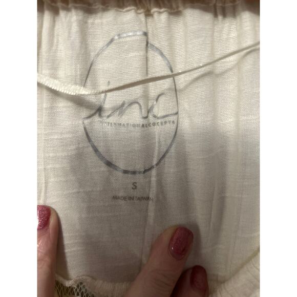 INC Ivory Cream Short Sleeve Sheer Lace Round Neck Elastic Hem Blouse Size Small - Picture 6 of 11